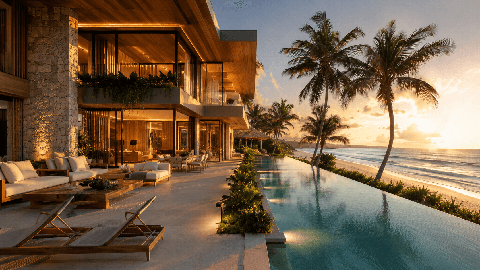 Villa facing the sea with infinity pool at sunset, on the Ceará coast