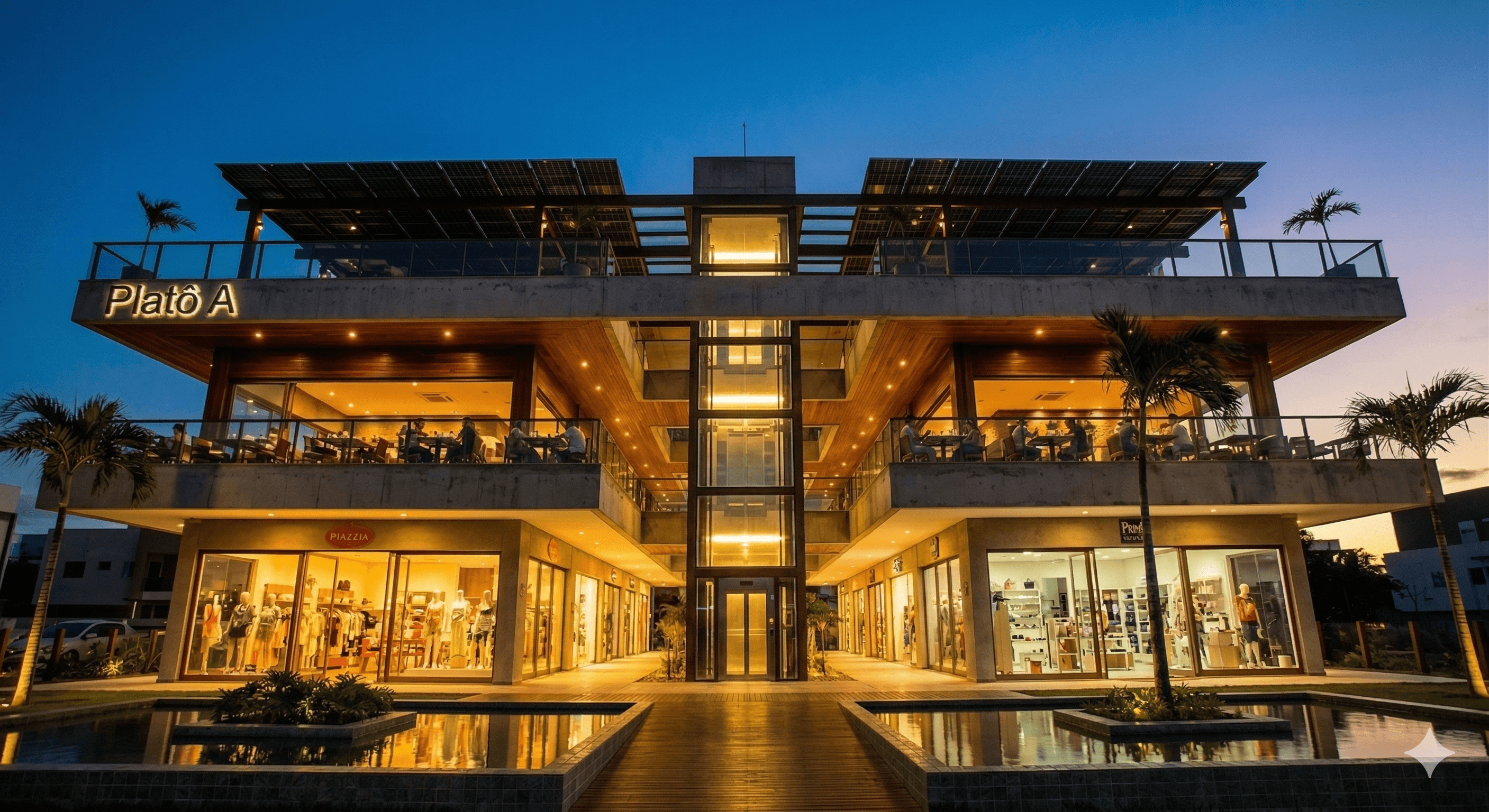 Beach Hub — Platô A: commercial edge and rooftop at dusk